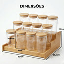 Kit 12 Pote Porta Tempero Hermético 300ml + Base Escada em Bambu