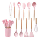 KitCozy - Kit 12 Utensílios Silicone com Cabo em Madeira