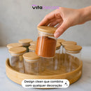 Kit 12un Porta Temperos Vidro Bambu Hermético Premium 200ml - VitaBela