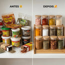 Kit 12 Pote Porta Tempero Hermético 300ml + Base Escada em Bambu